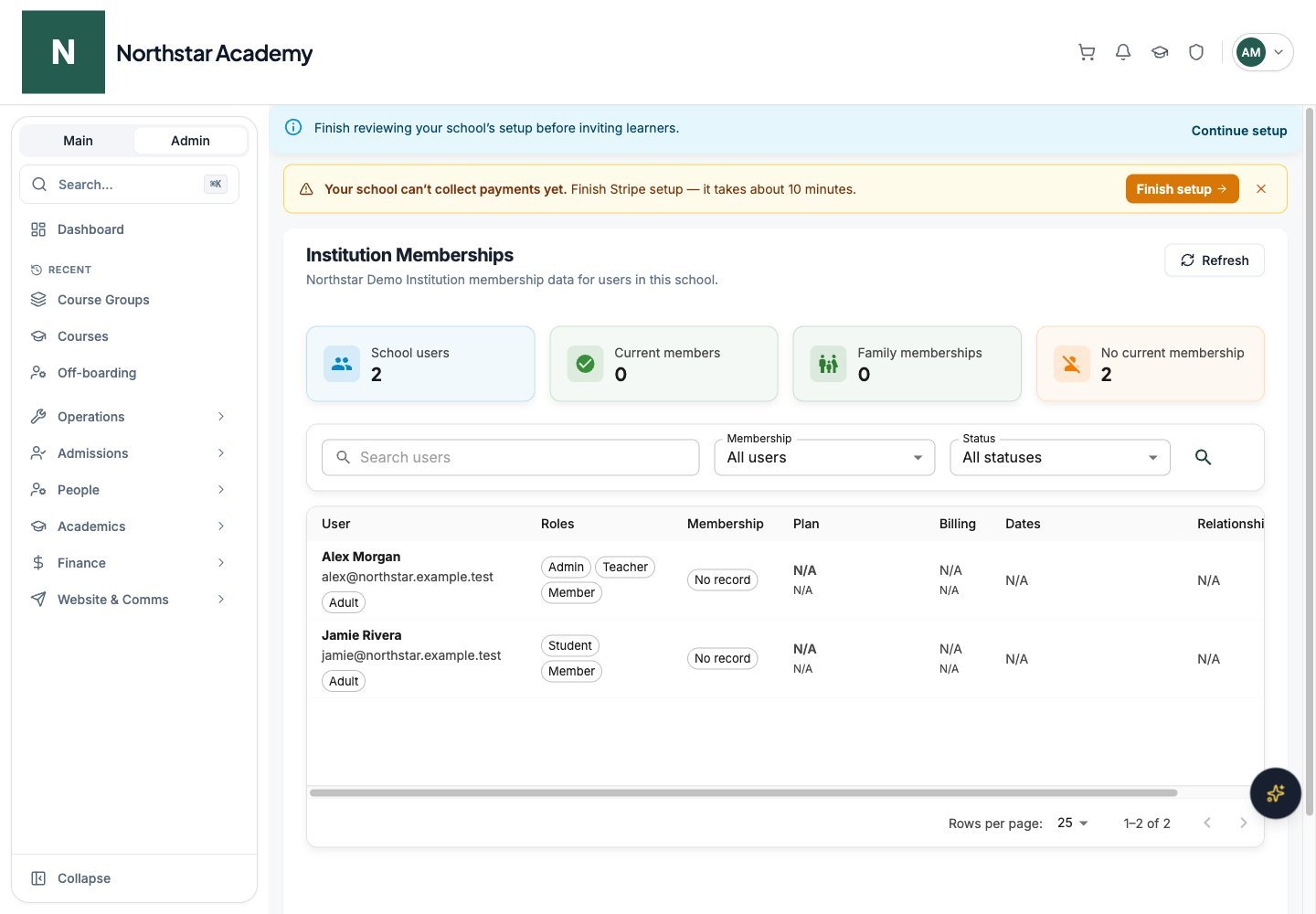 Northstar demo: Institution Memberships