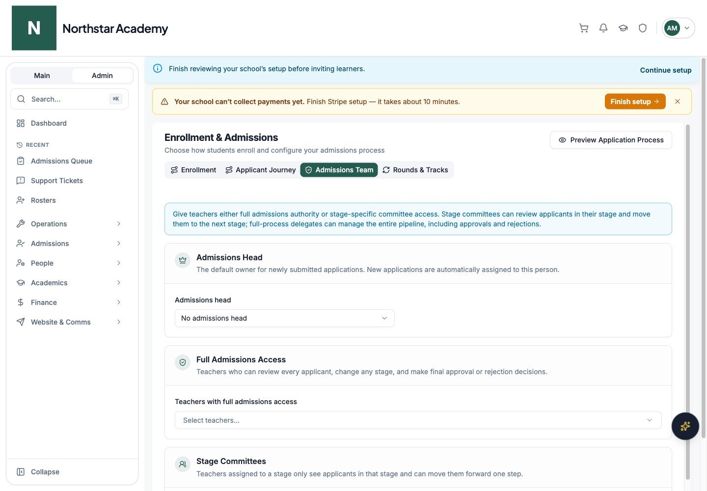 Northstar demo: Enrollment & Admissions — Admissions Team