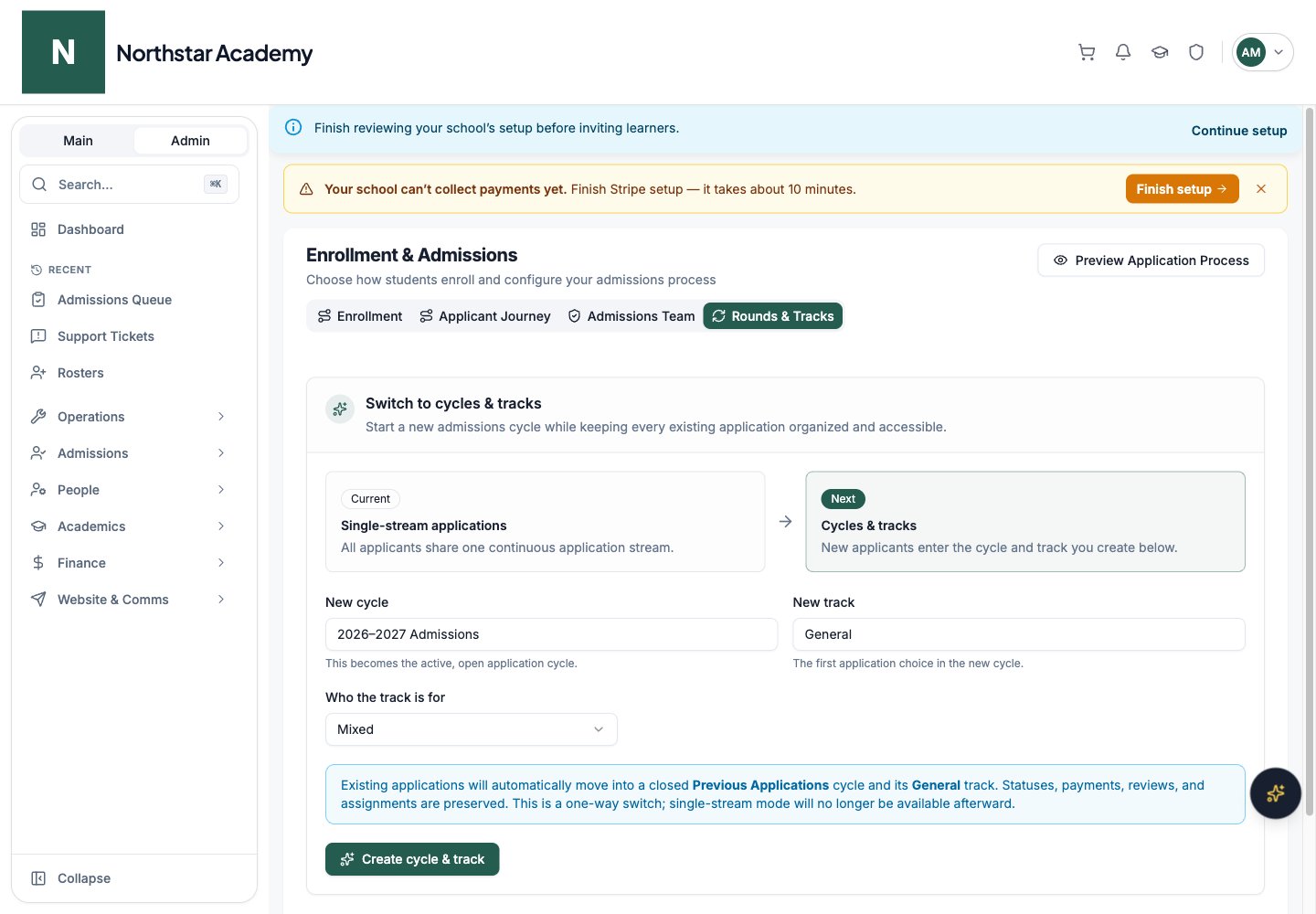 Northstar demo: Enrollment & Admissions — Rounds & Tracks