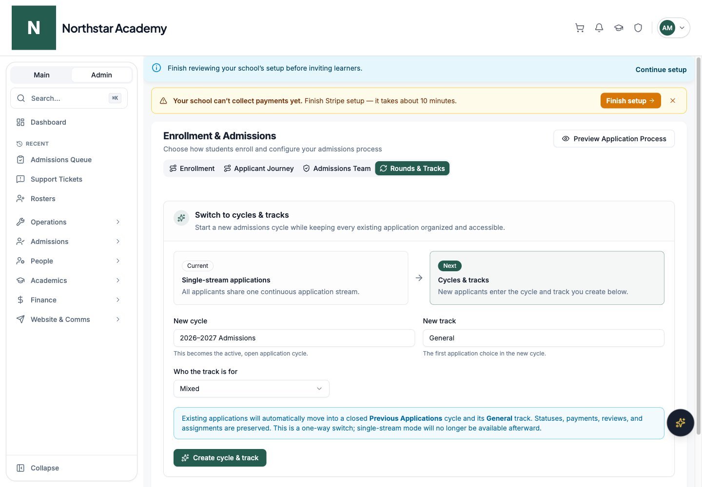 Northstar demo: Enrollment & Admissions — Rounds & Tracks