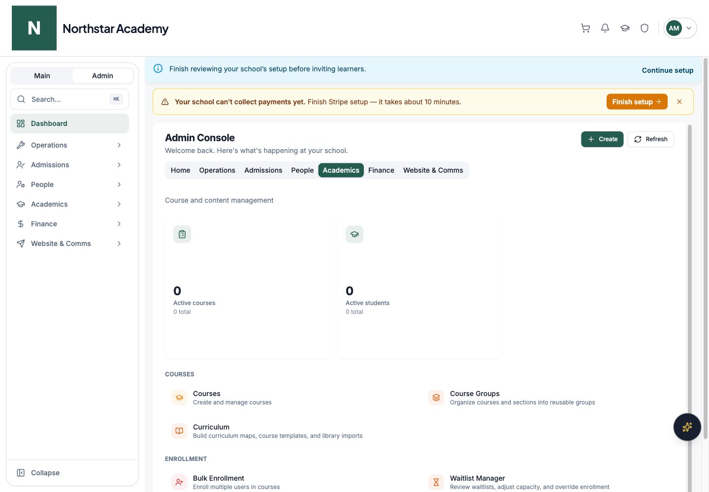 Northstar demo: Admin Console — Academics
