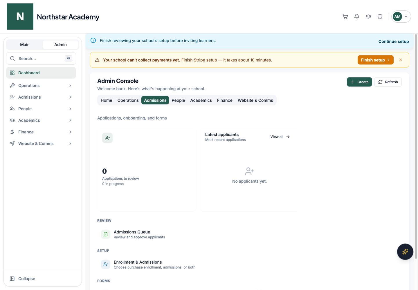 Northstar demo: Admin Console — Admissions