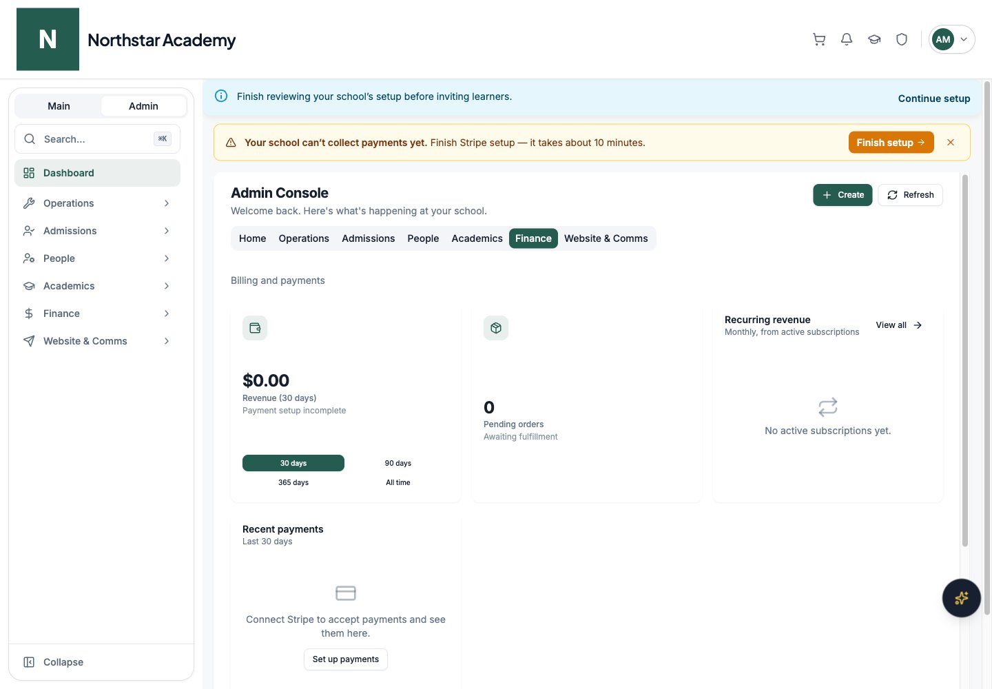Northstar demo: Admin Console — Finance