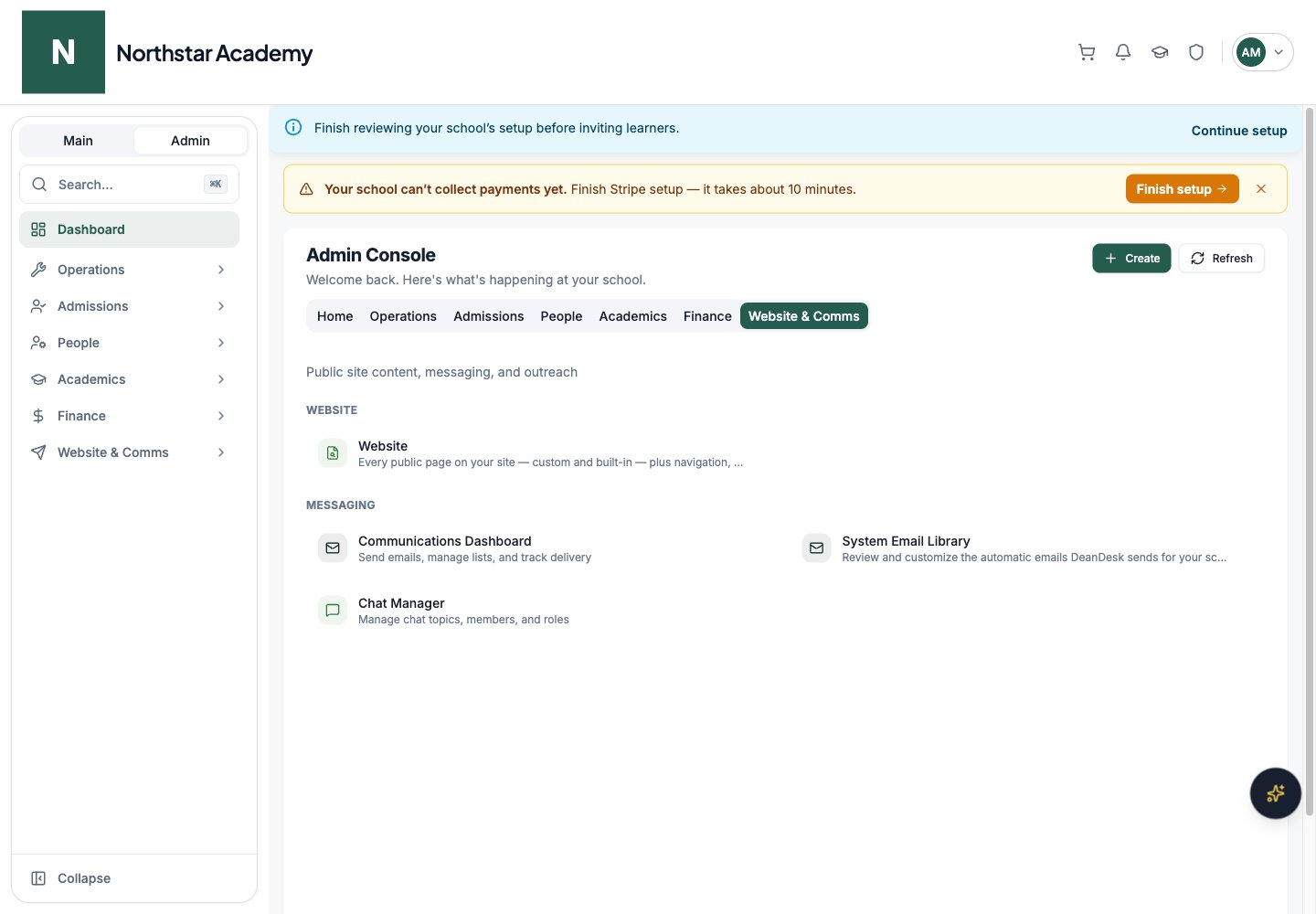 Northstar demo: Admin Console — Website & Comms