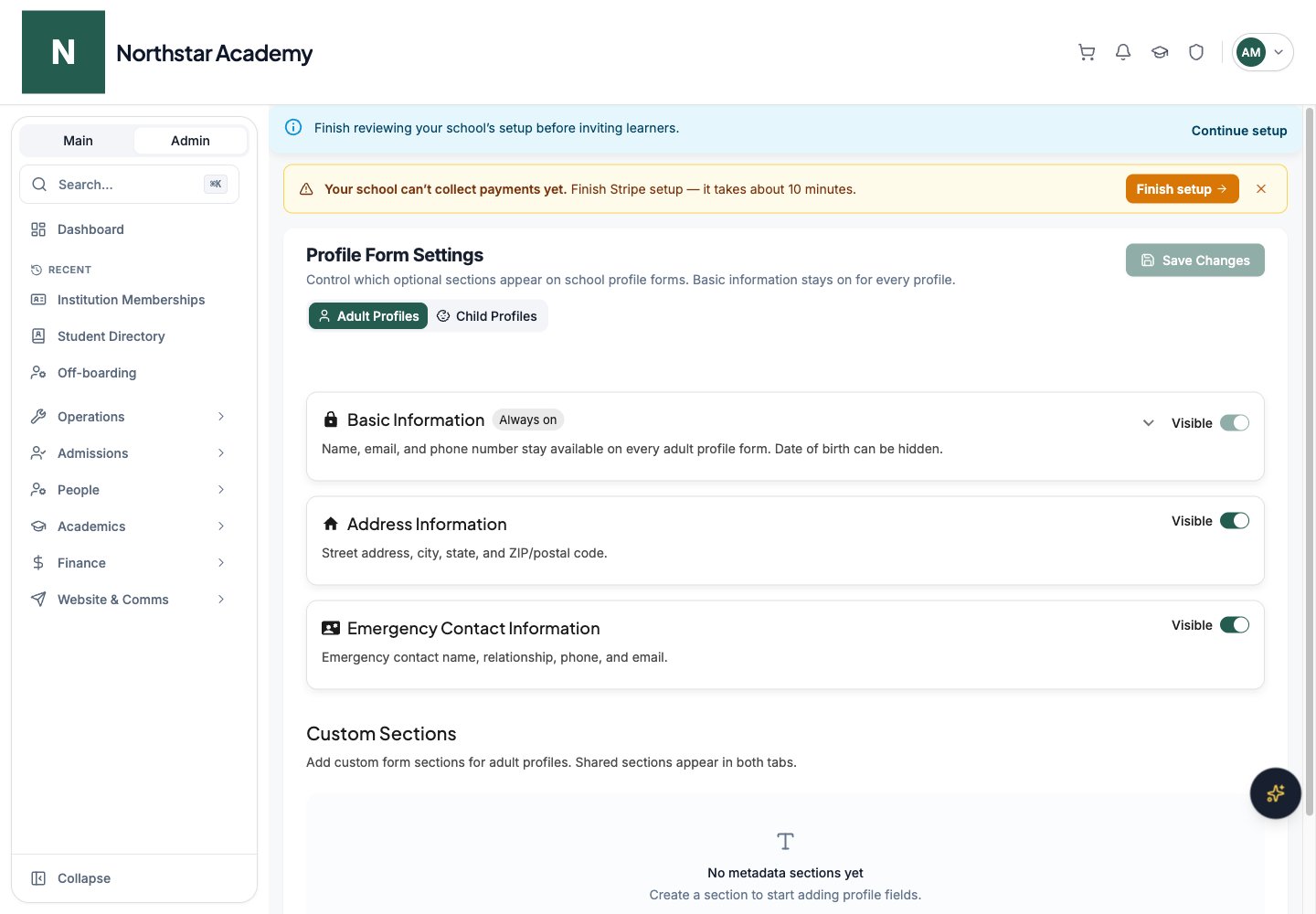 Northstar demo: Profile Form Settings — Adult Profiles