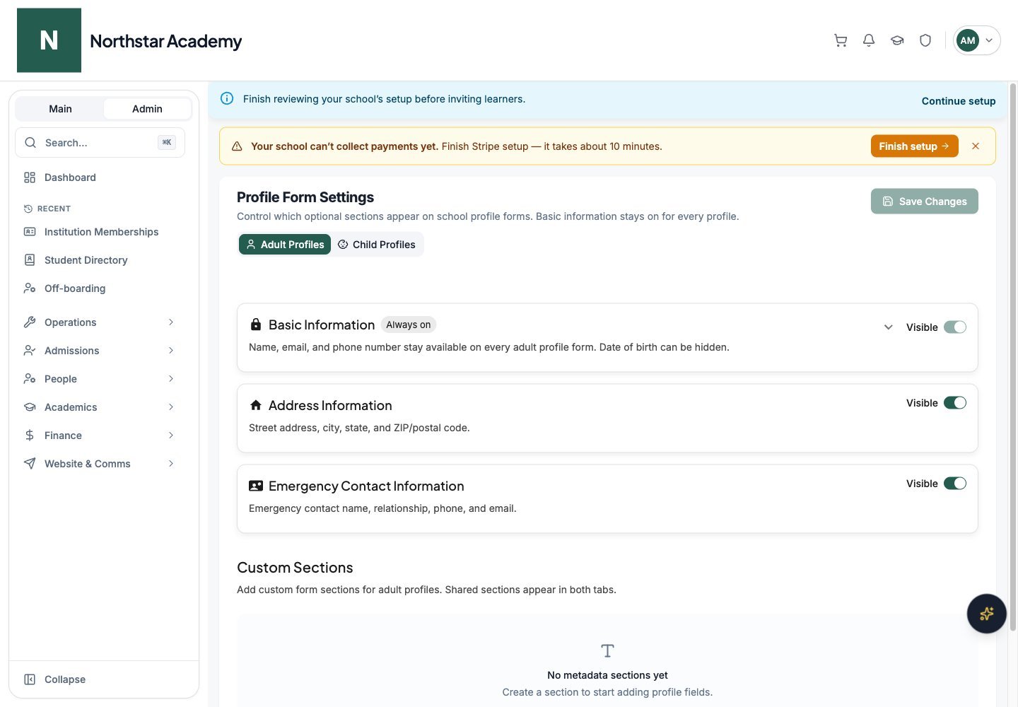Northstar demo: Profile Form Settings — Adult Profiles