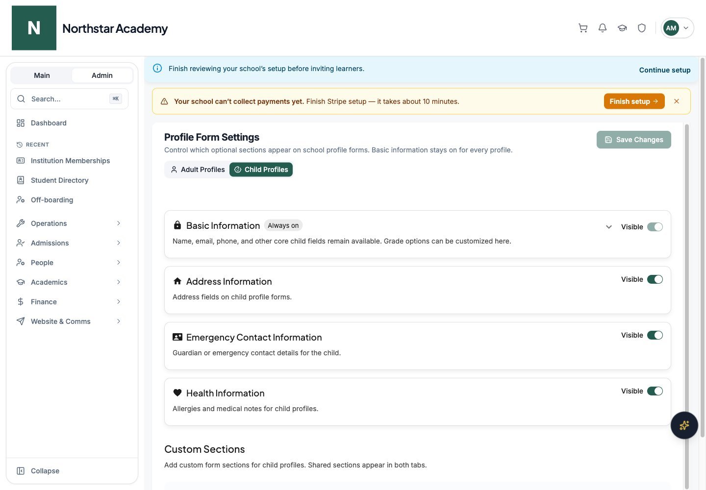 Northstar demo: Profile Form Settings — Child Profiles