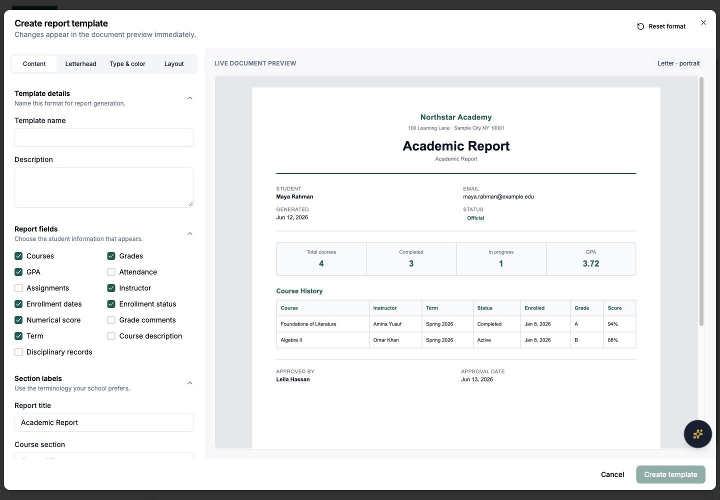 Northstar demo: Reports — Templates — Content