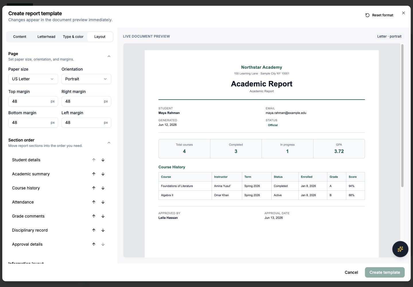 Northstar demo: Reports — Templates — Layout
