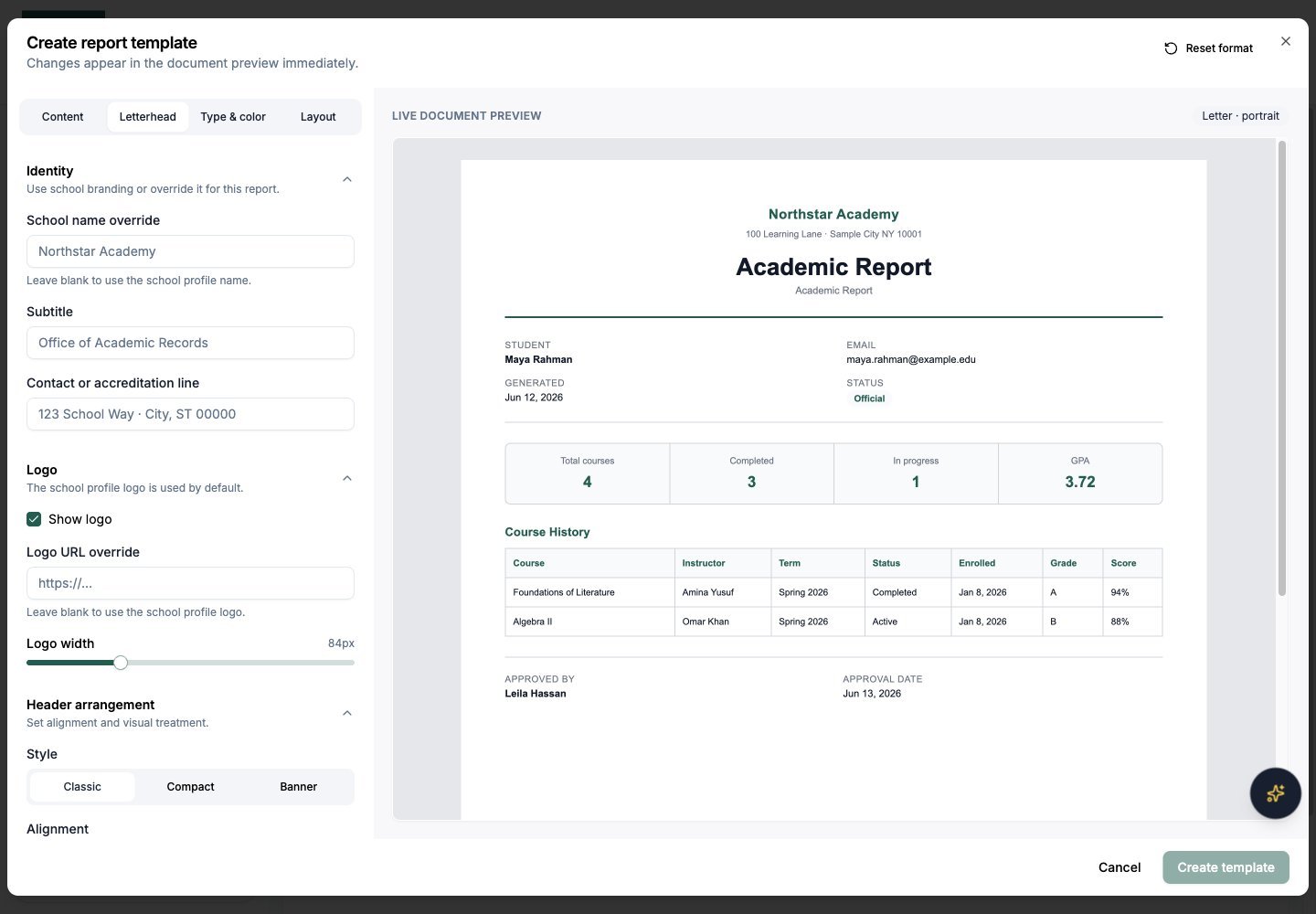 Northstar demo: Reports — Templates — Letterhead