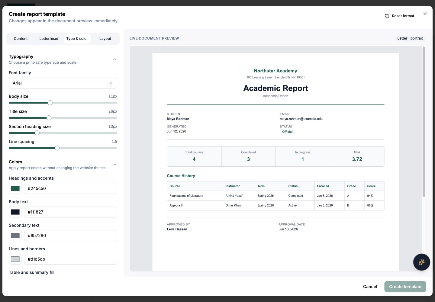 Northstar demo: Reports — Templates — Type & color