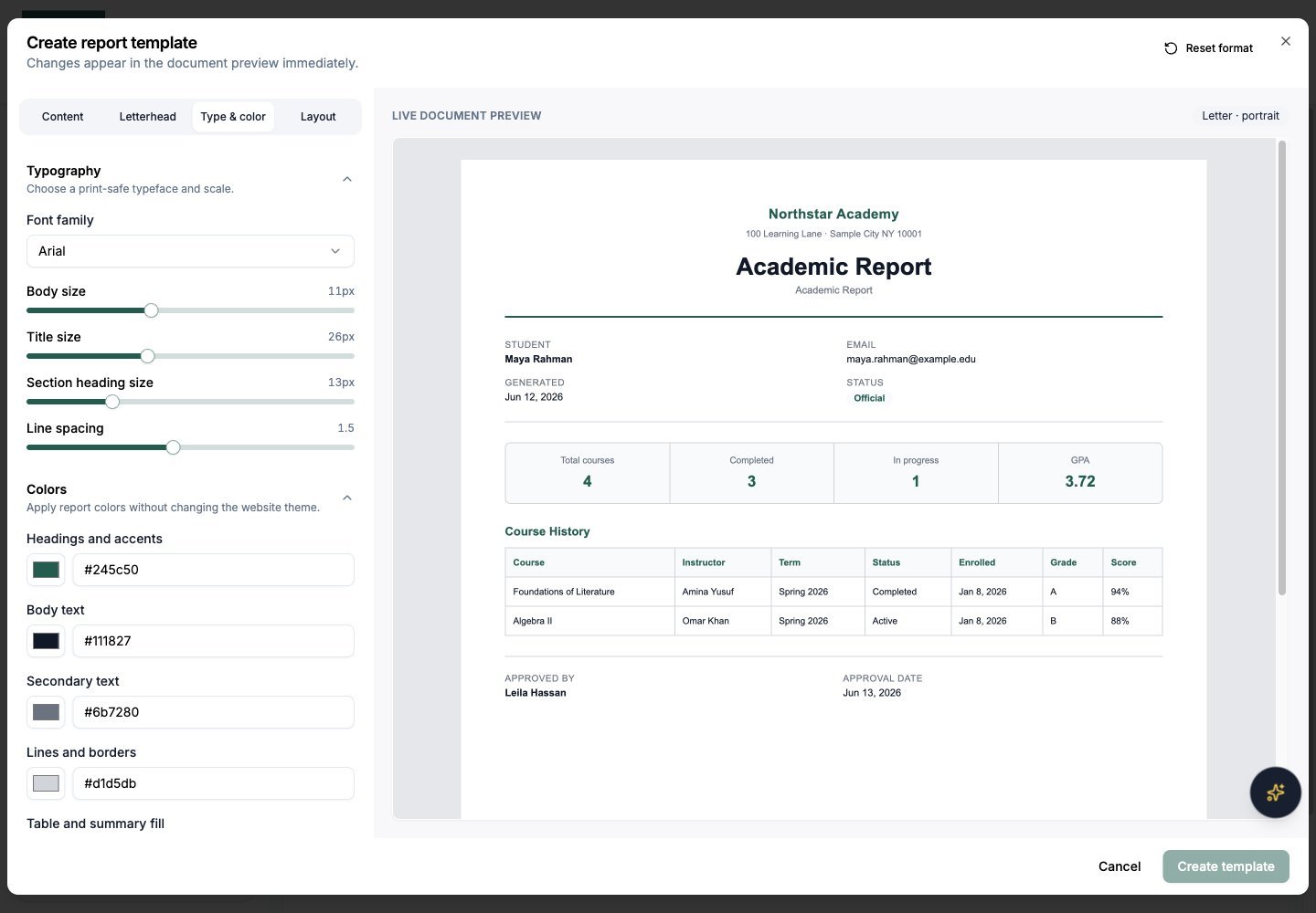 Northstar demo: Reports — Templates — Type & color