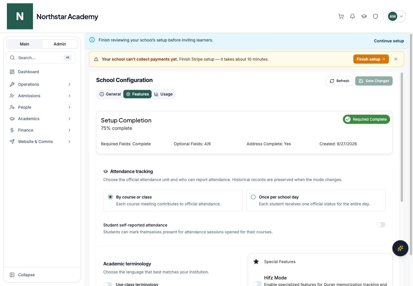 Northstar demo: School Configuration — Features