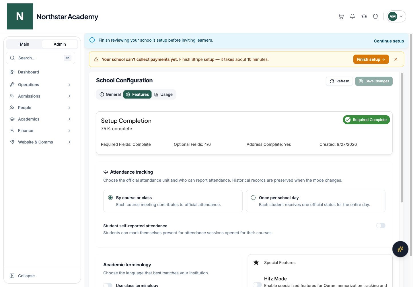 Northstar demo: School Configuration — Features