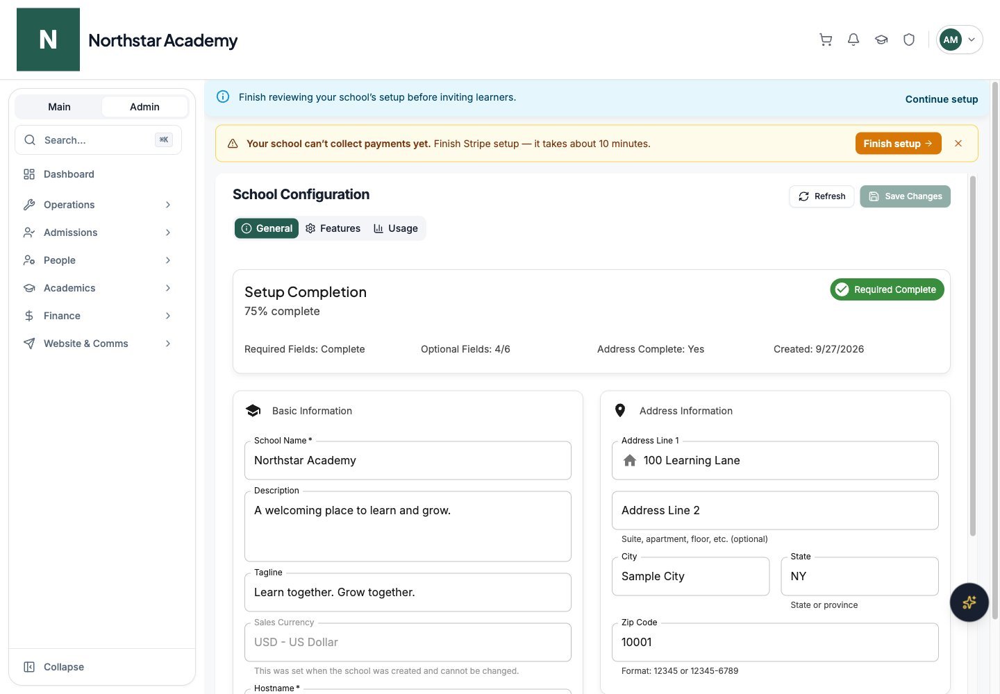 Northstar demo: School Configuration — General