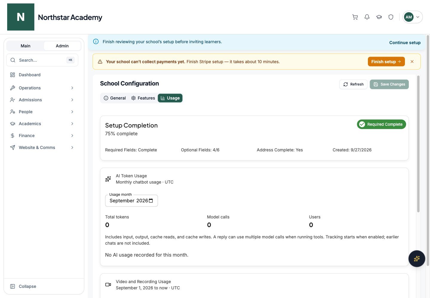 Northstar demo: School Configuration — Usage