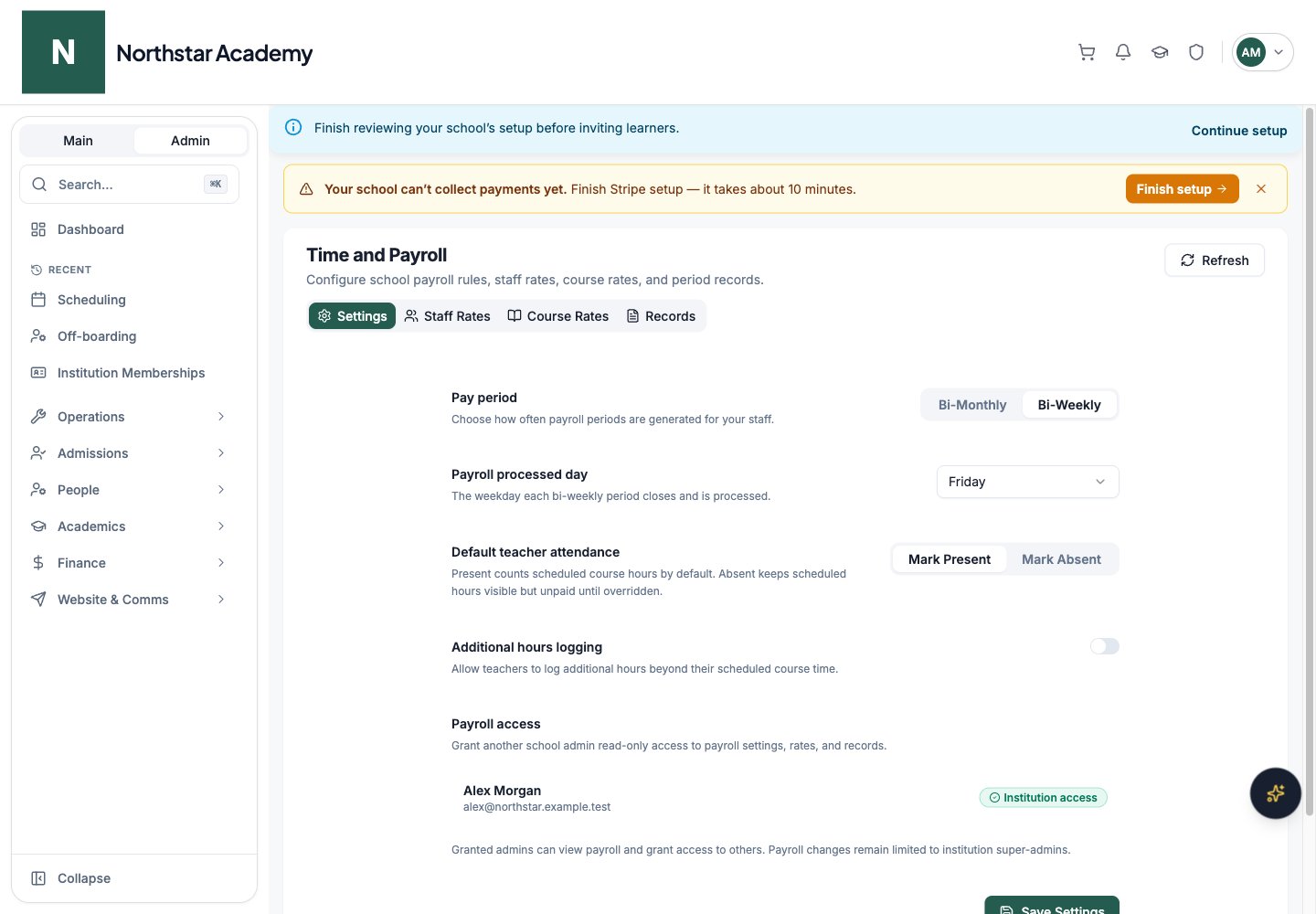 Northstar demo: Time and Payroll — Settings