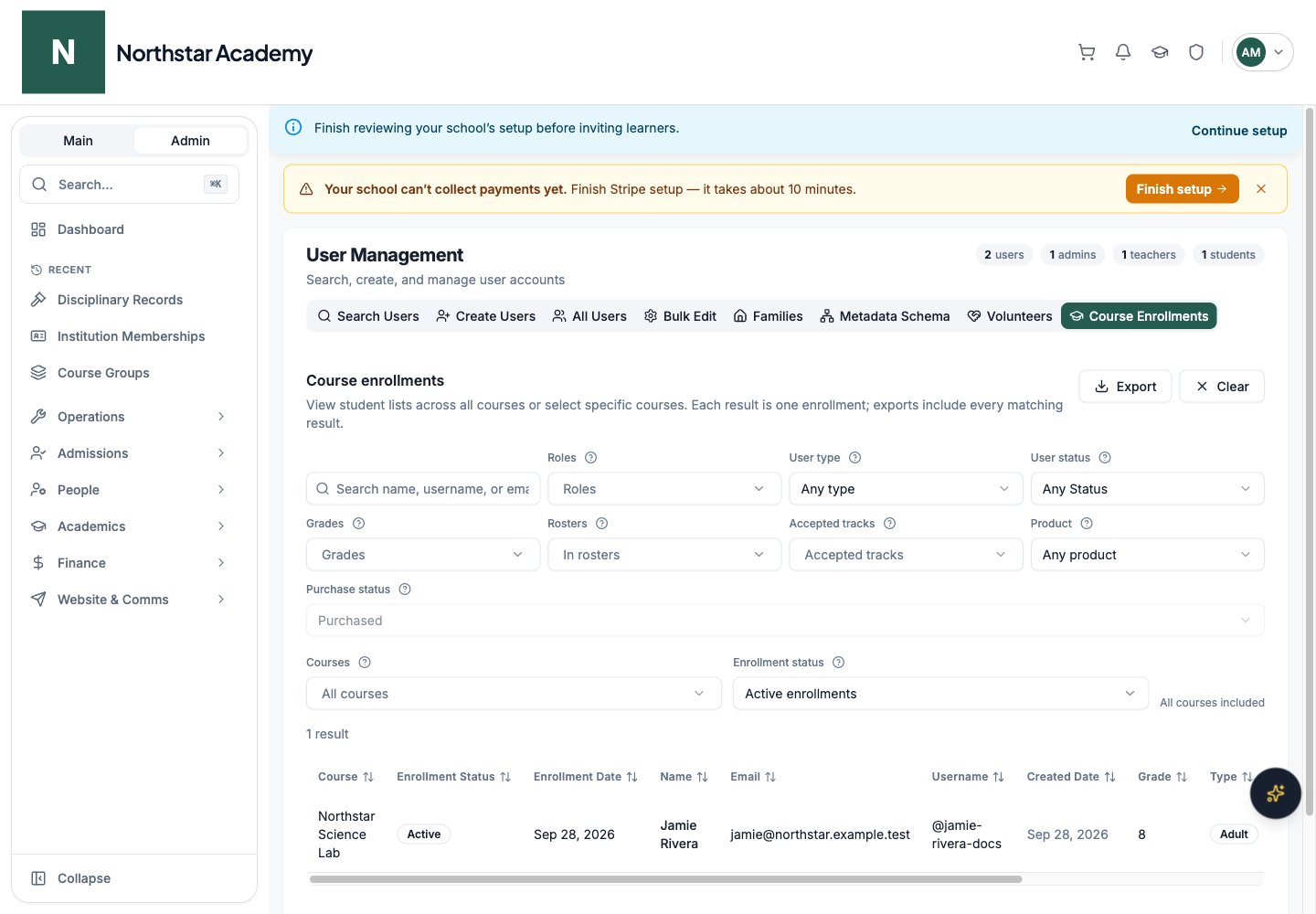 Northstar demo: User Management — Course Enrollments