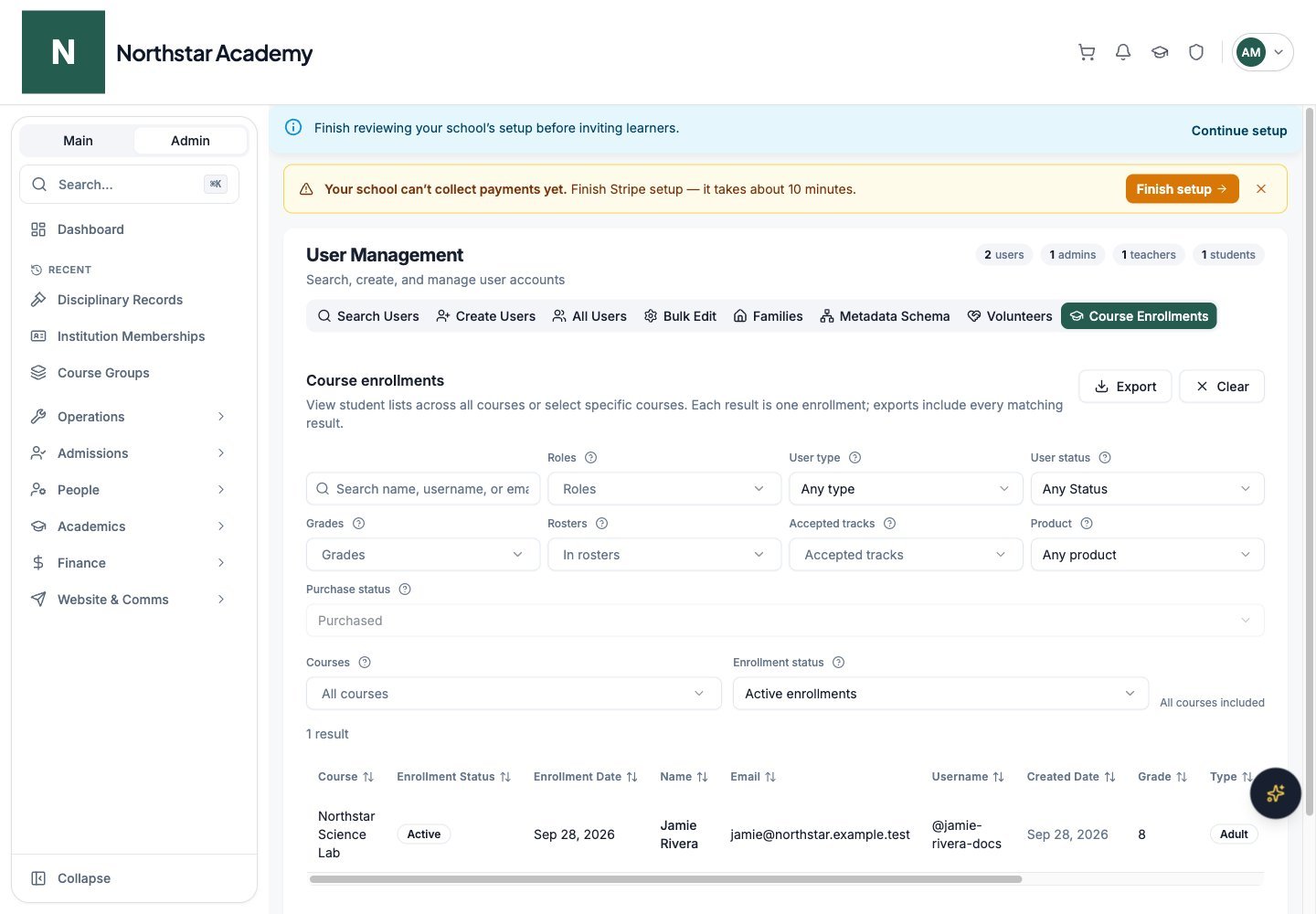 Northstar demo: User Management — Course Enrollments