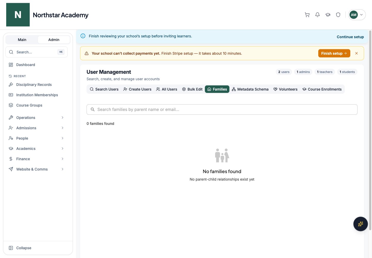 Northstar demo: User Management — Families