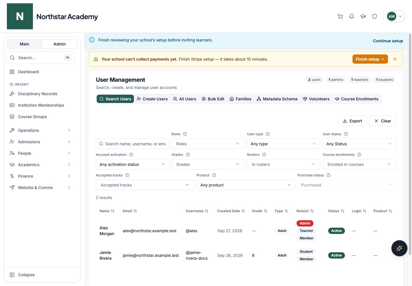 Northstar demo: User Management — Search Users