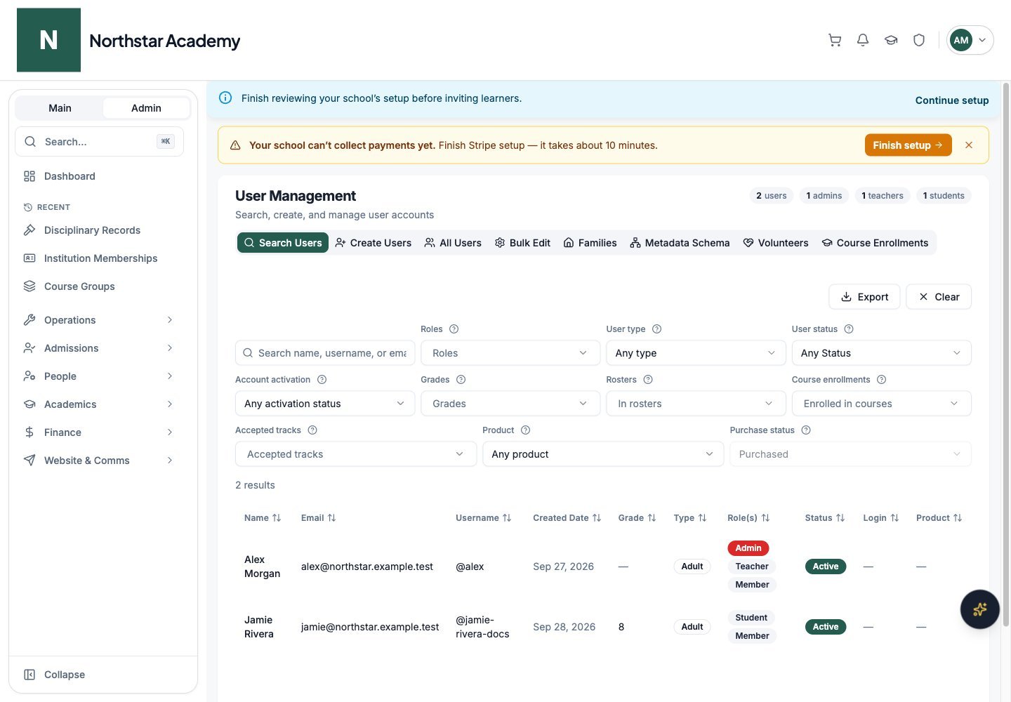 Northstar demo: User Management — Search Users