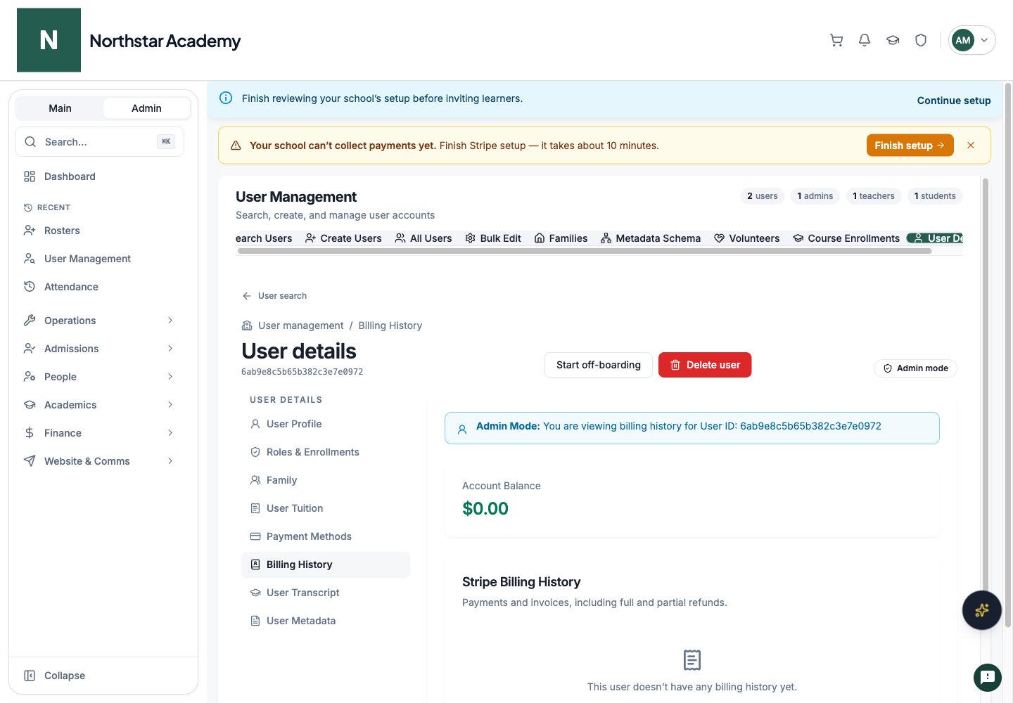 Northstar demo: User Details — Billing History