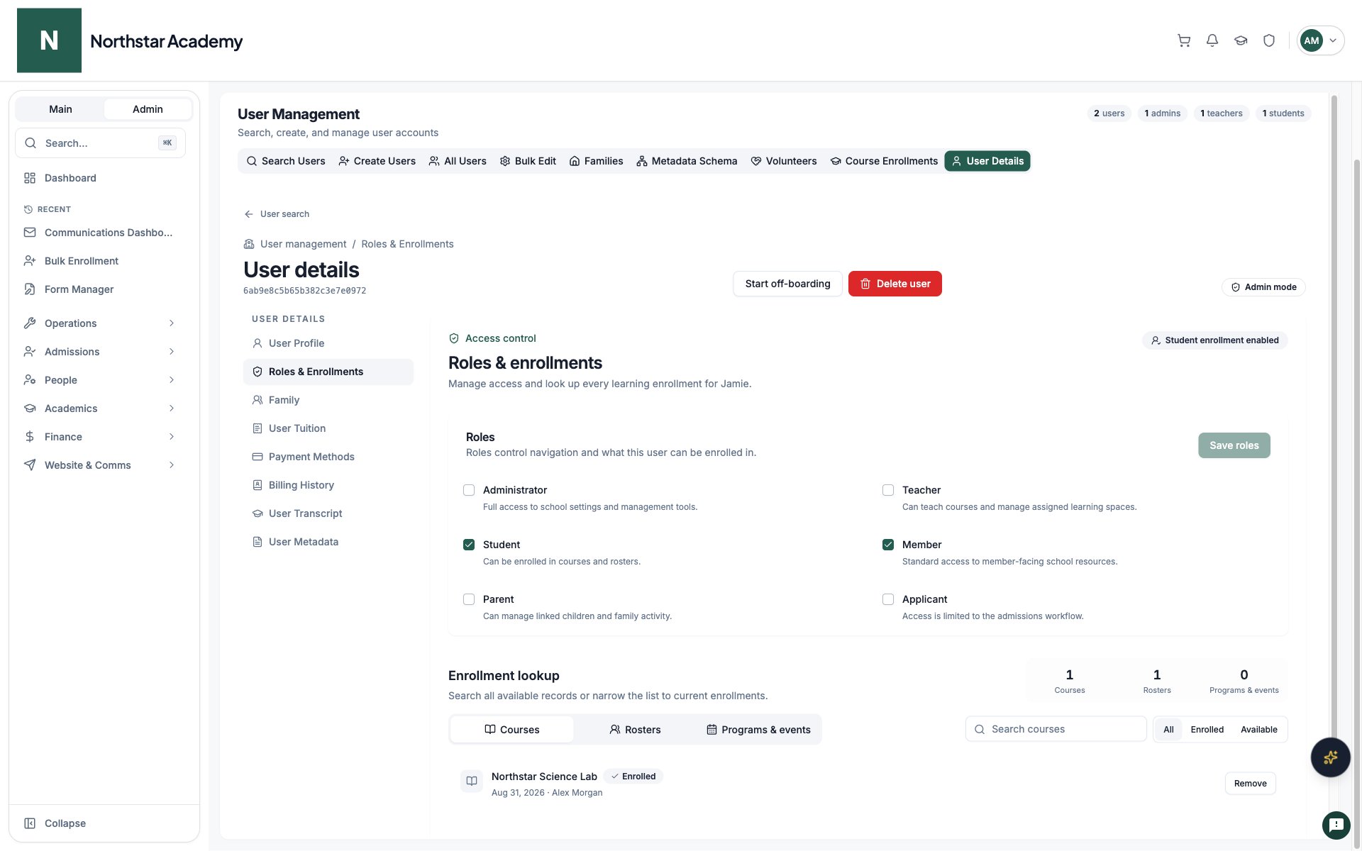 Northstar demo: User Details — Courses