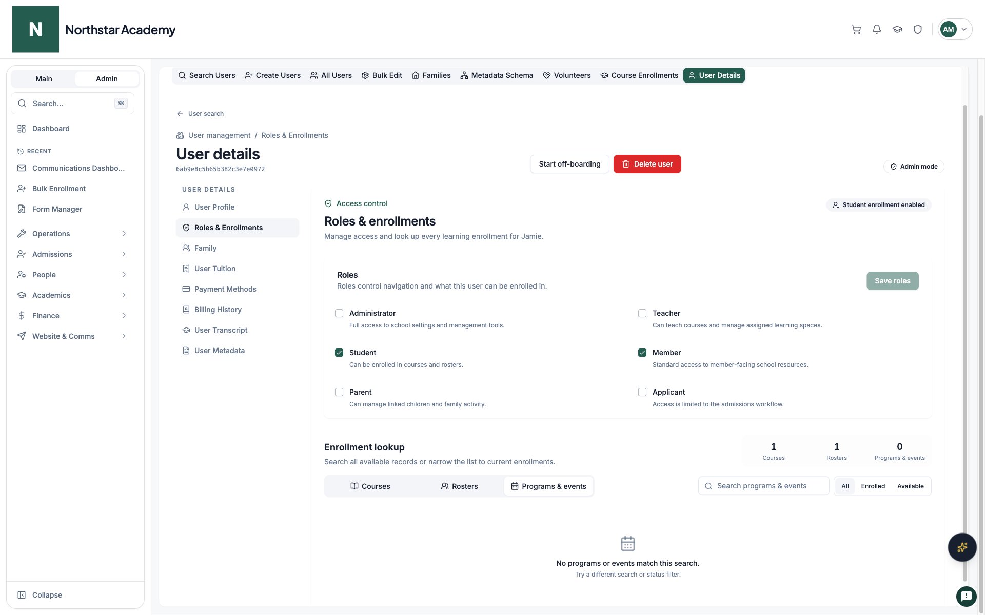 Northstar demo: User Details — Programs & events