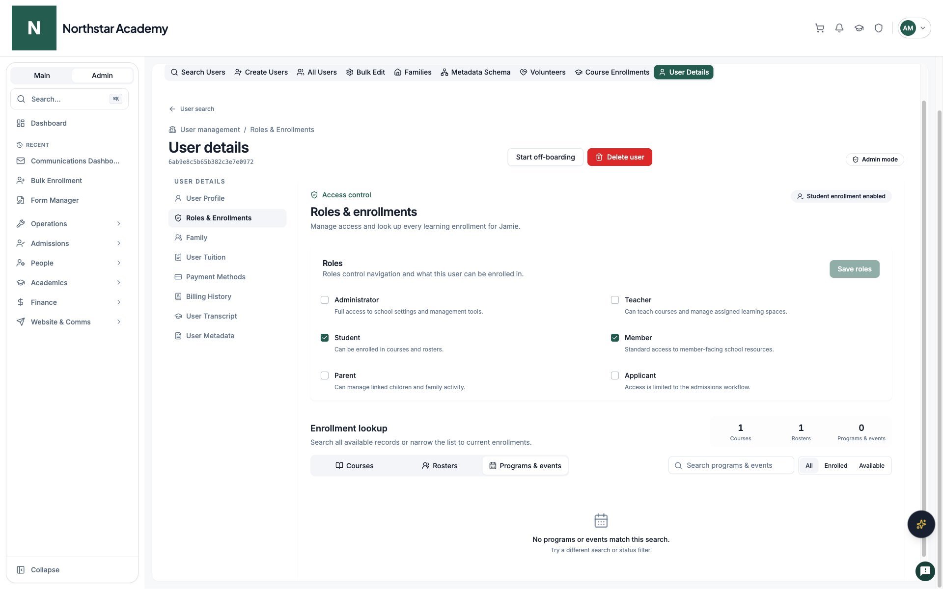 Northstar demo: User Details — Programs & events