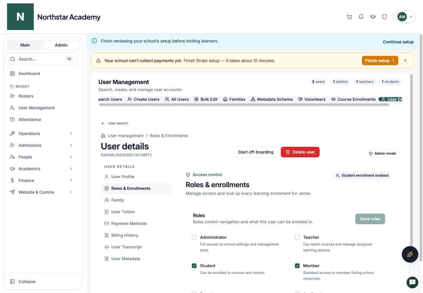Northstar demo: User Details — Roles & Enrollments