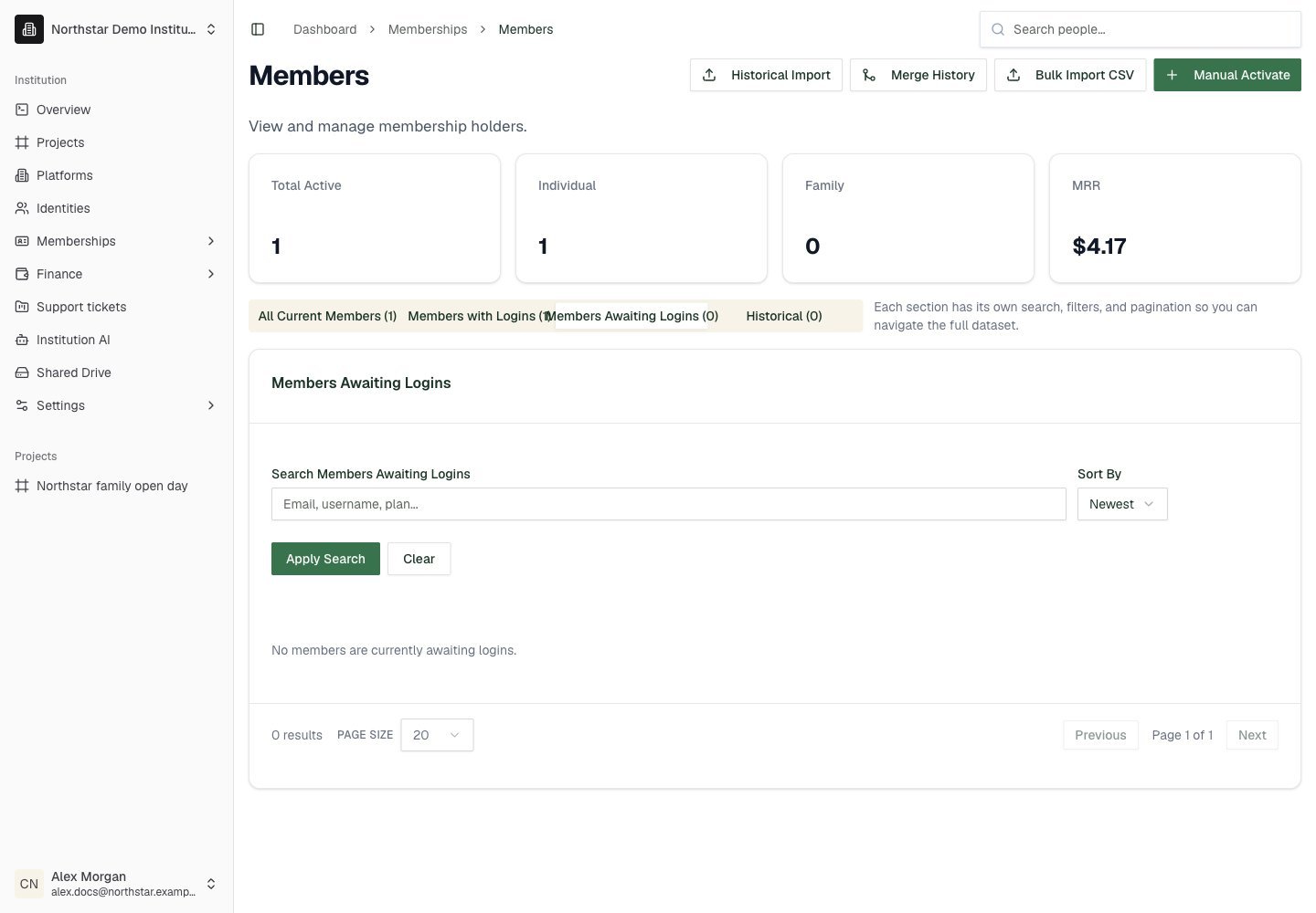 Northstar demo: Members — Members Awaiting Logins