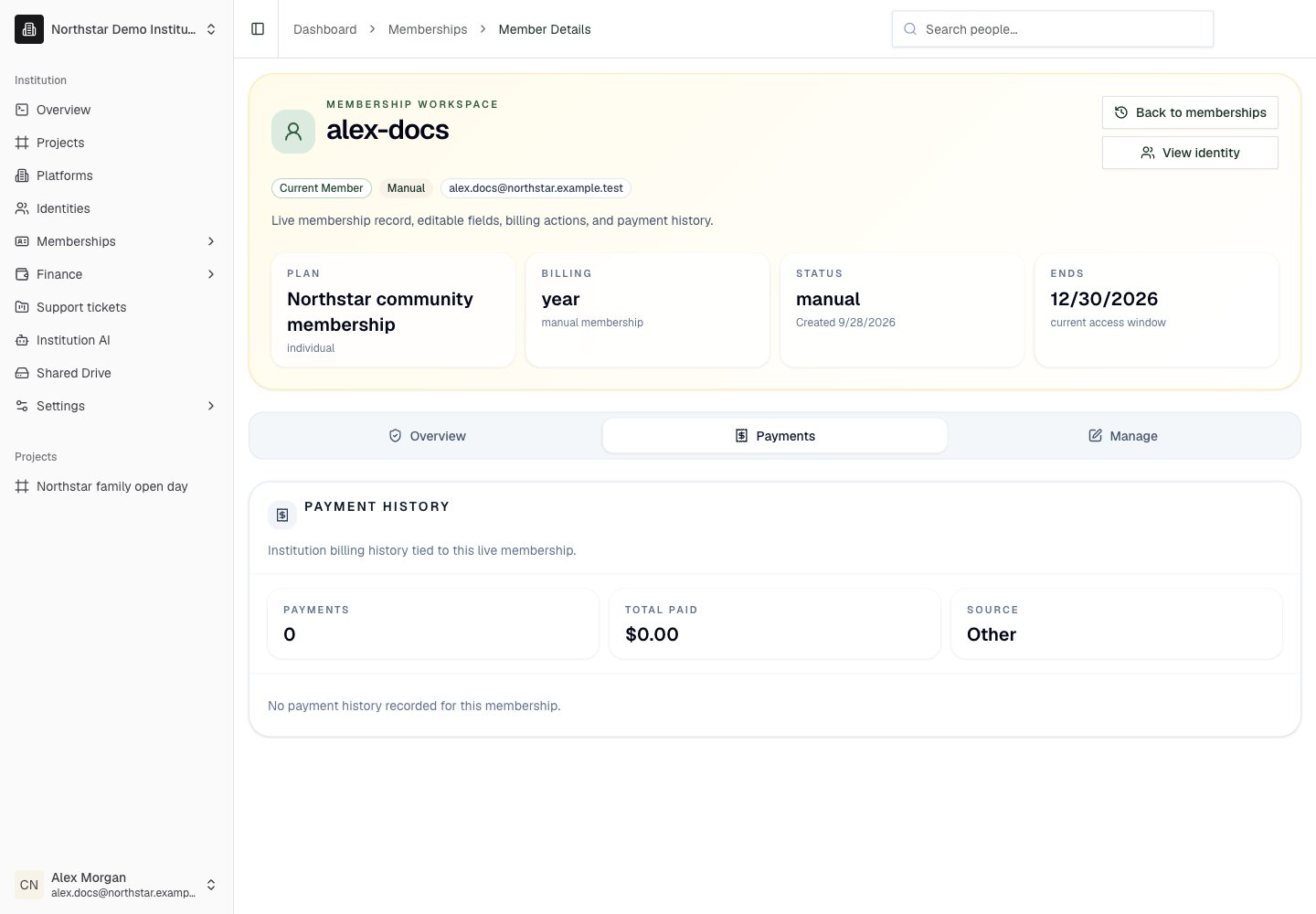 Northstar demo: Member detail — Payments