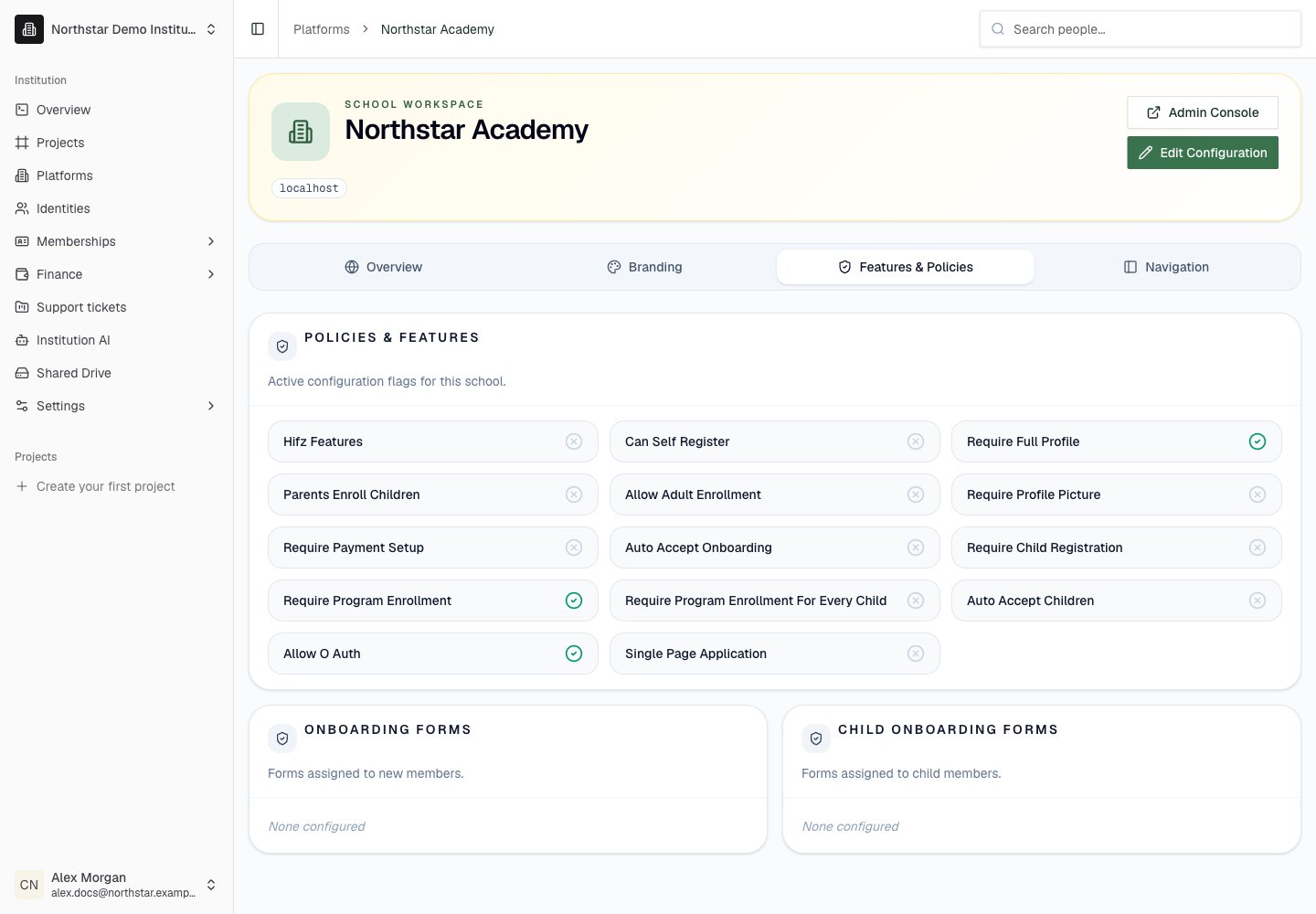 Northstar demo: Platform detail — Features & Policies