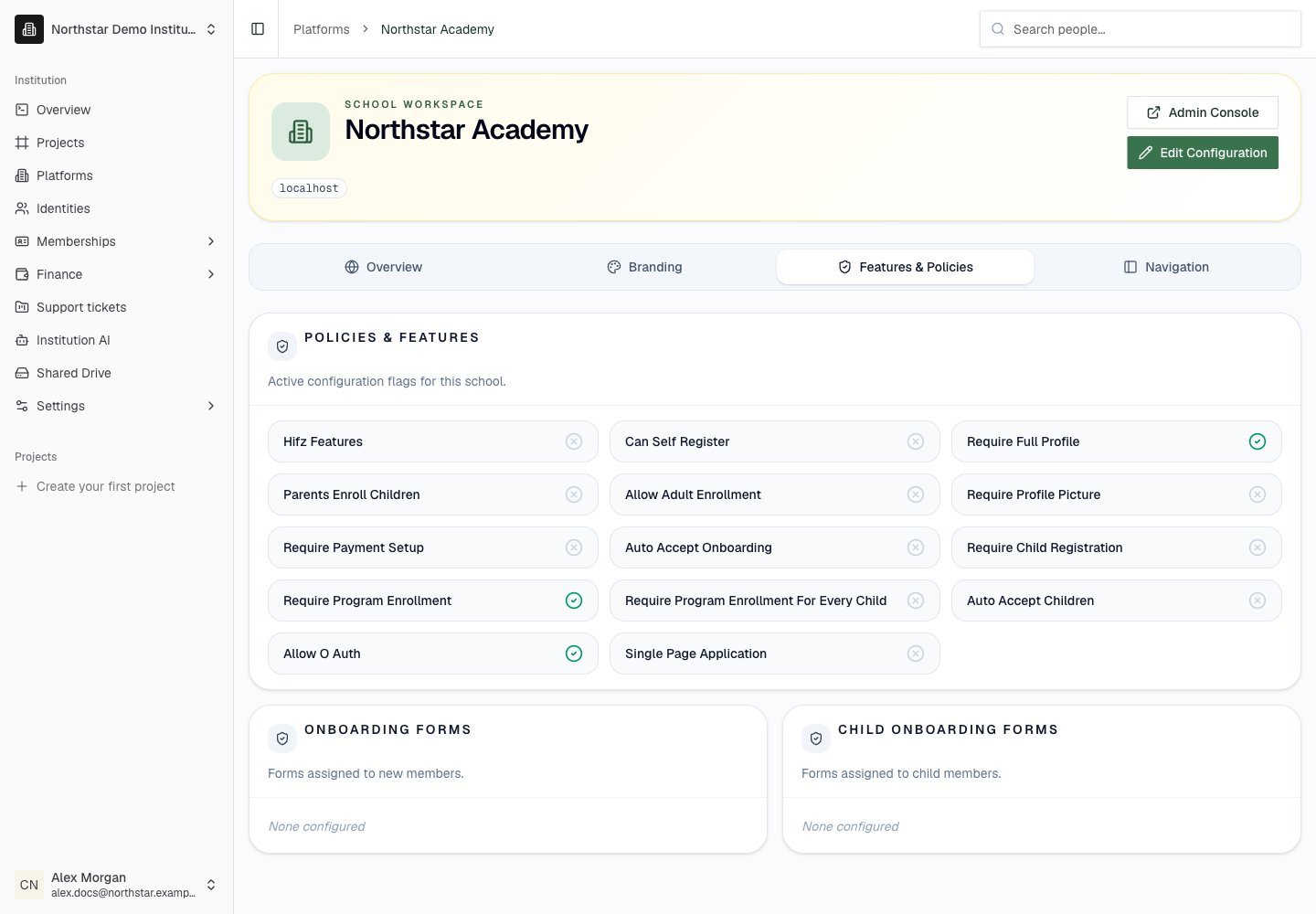 Northstar demo: Platform detail — Features & Policies
