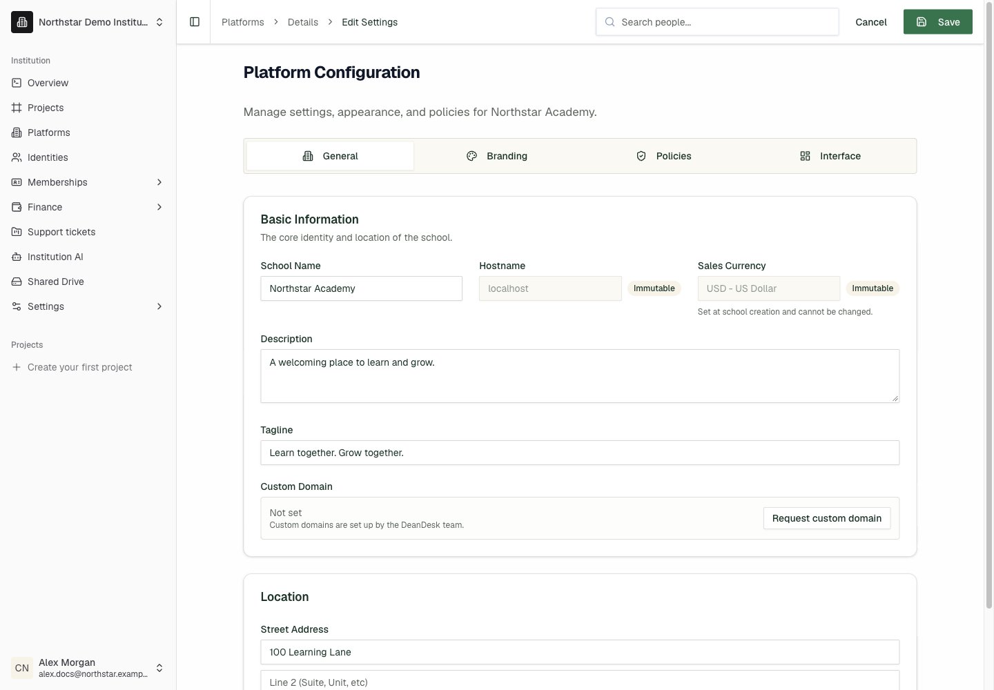 Northstar demo: Platform configuration — General