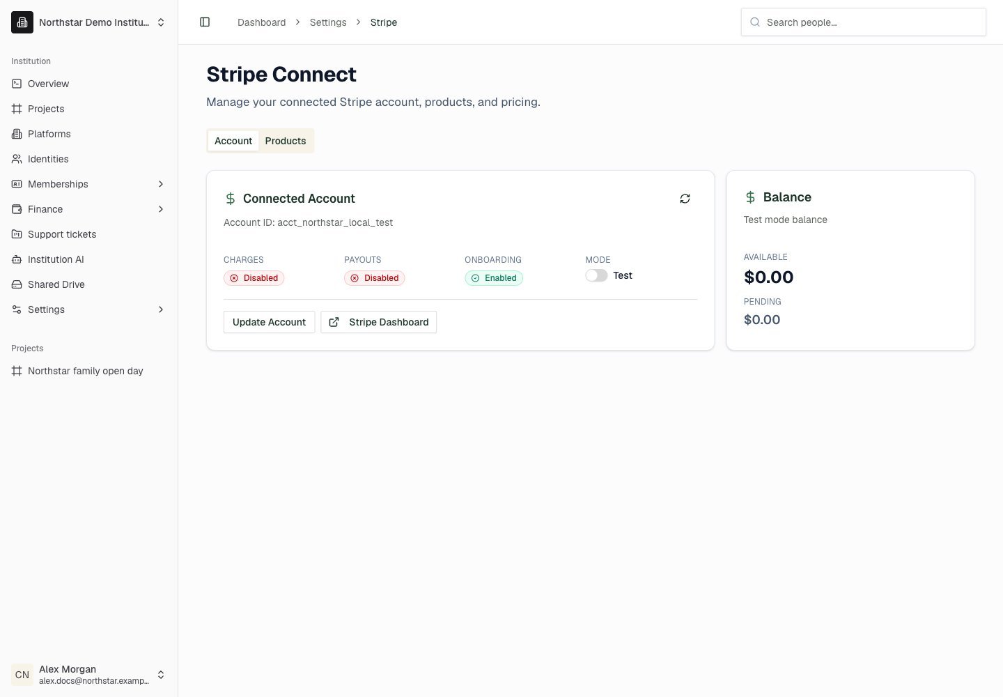 Northstar demo: Stripe — Account