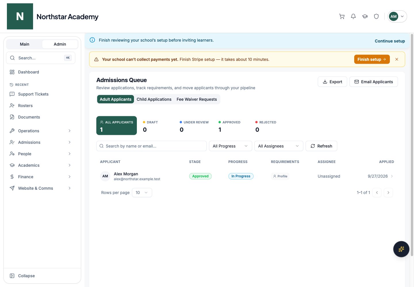 Northstar demo: Admissions Queue — Adult Applicants