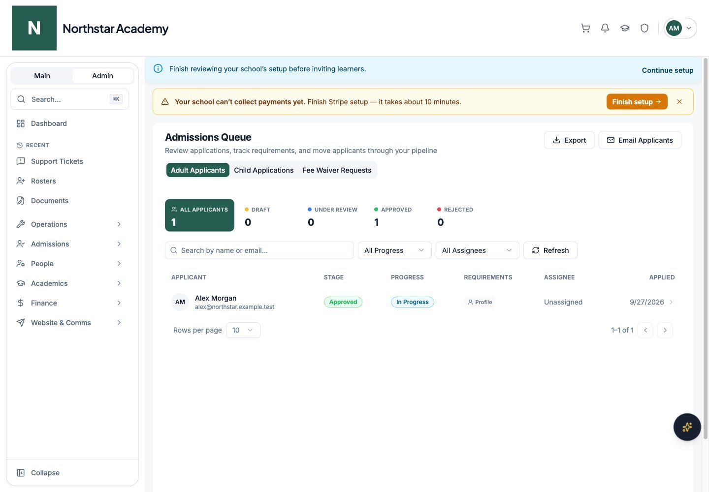 Northstar demo: Admissions Queue — Adult Applicants