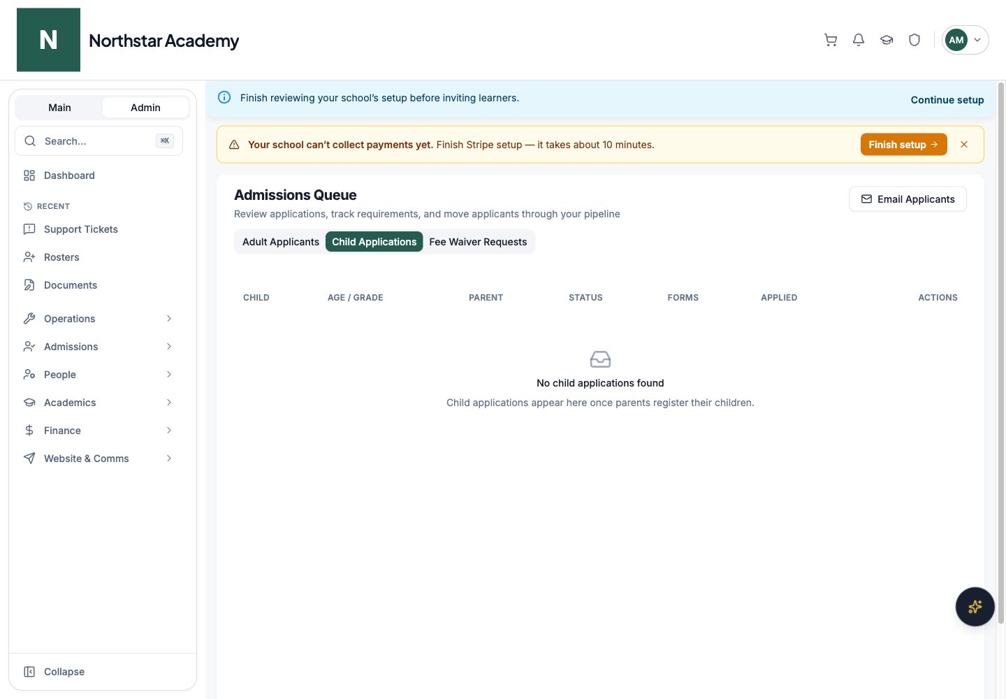 Northstar demo: Admissions Queue — Child Applications