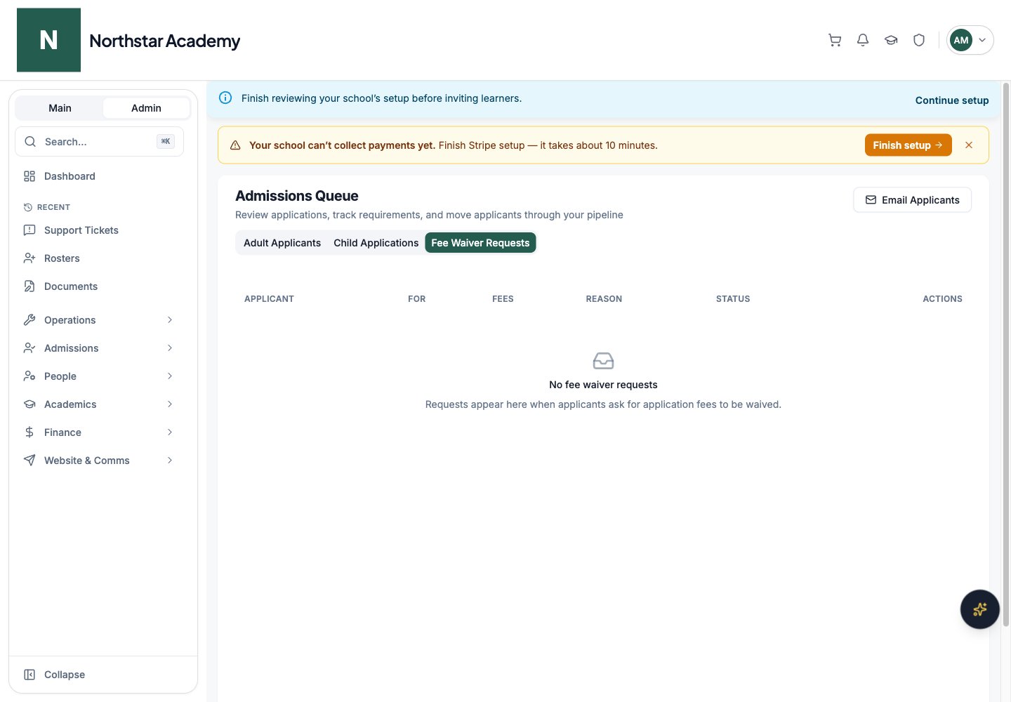 Northstar demo: Admissions Queue — Fee Waiver Requests
