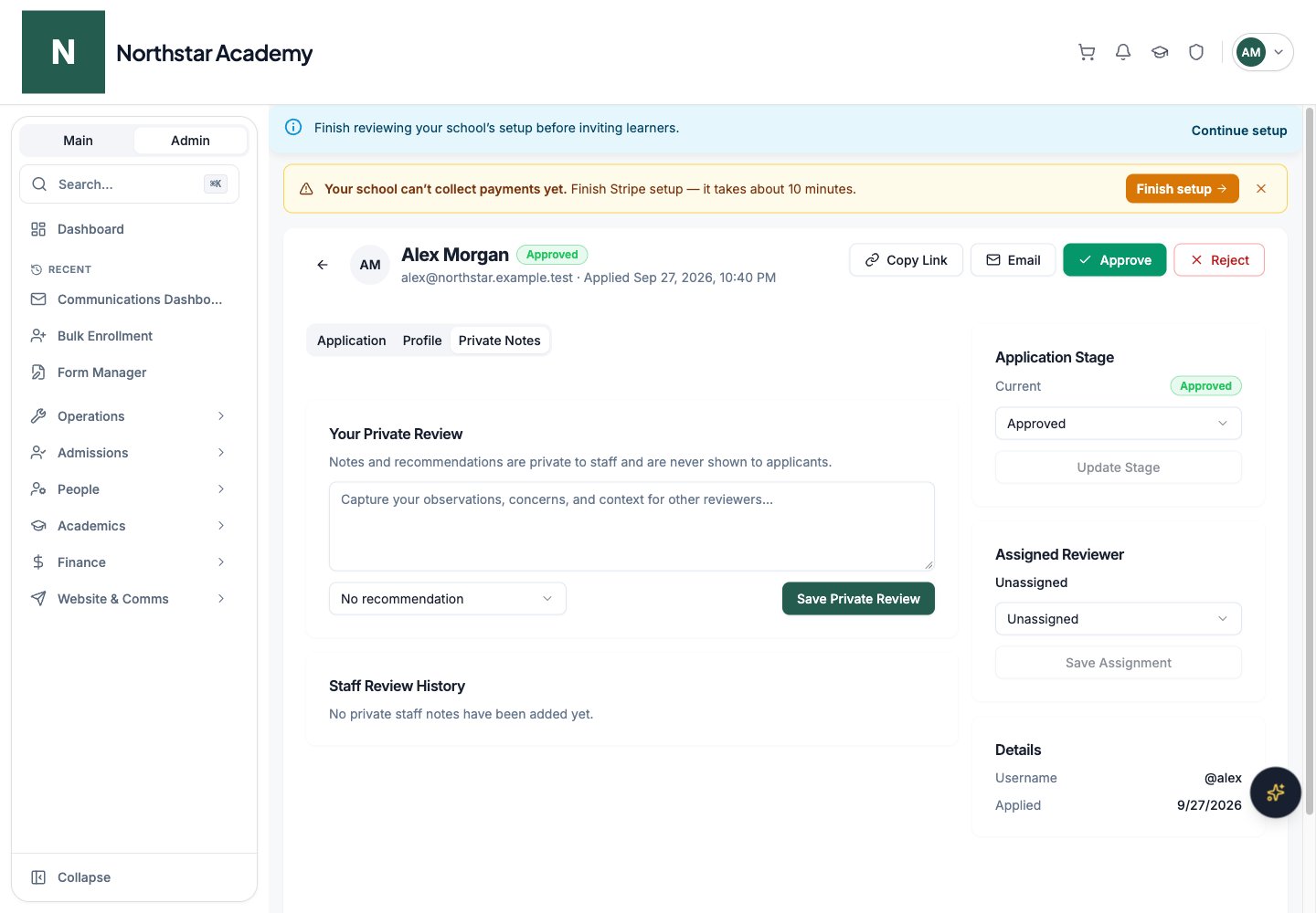 Northstar demo: Applicant detail — Private Notes