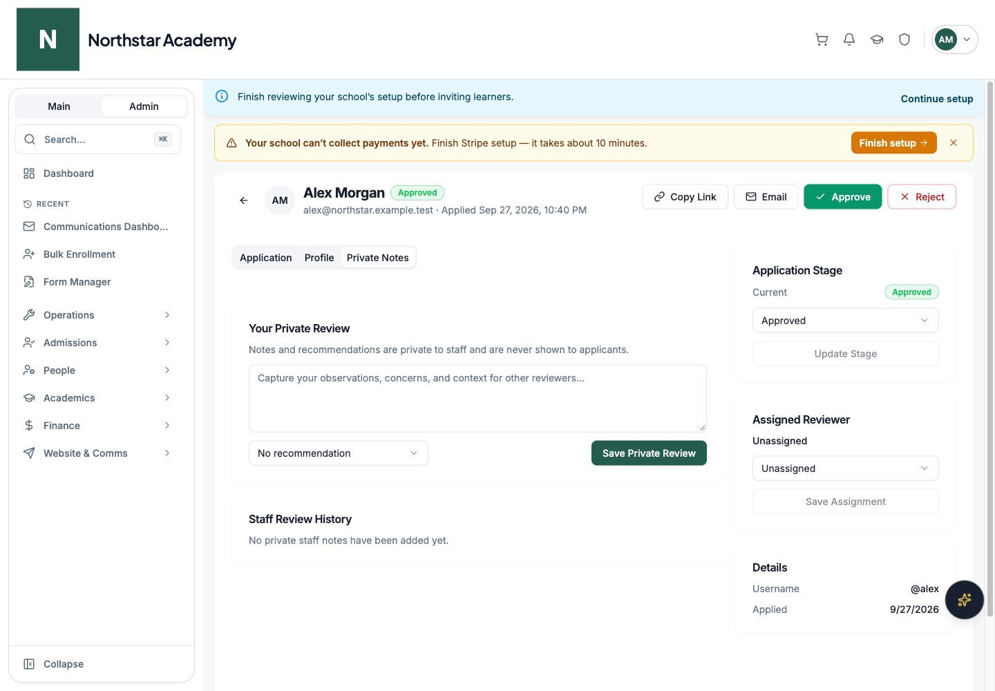Northstar demo: Applicant detail — Private Notes