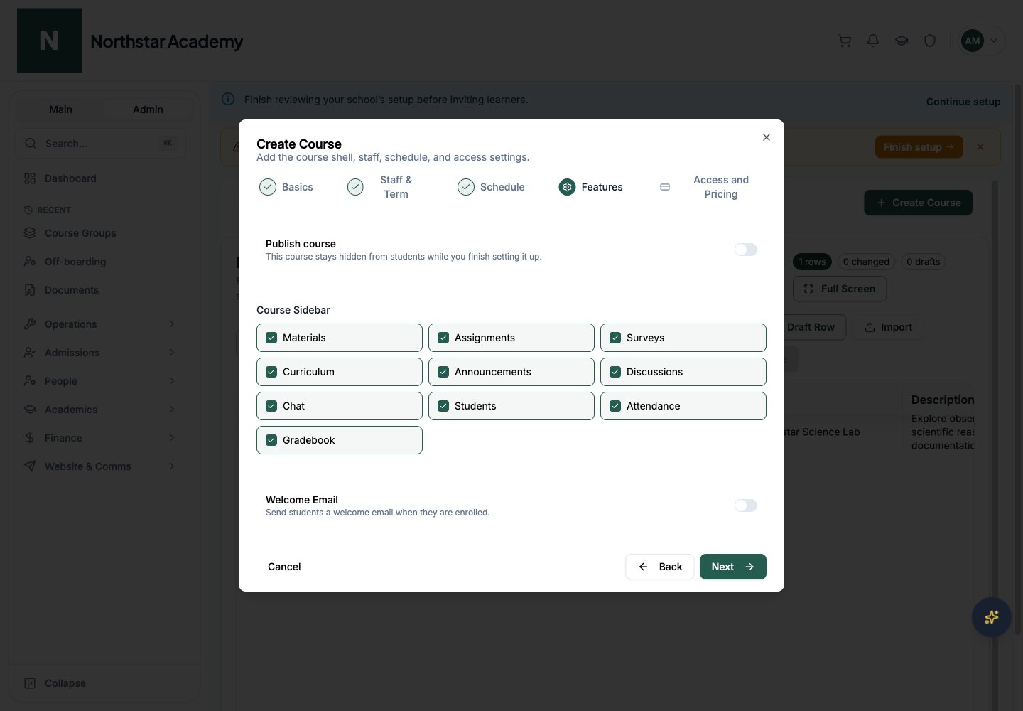 Northstar demo: Courses — Features