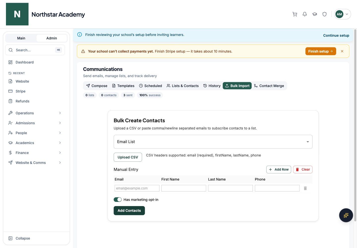 Northstar demo: Communications Dashboard — Bulk Import