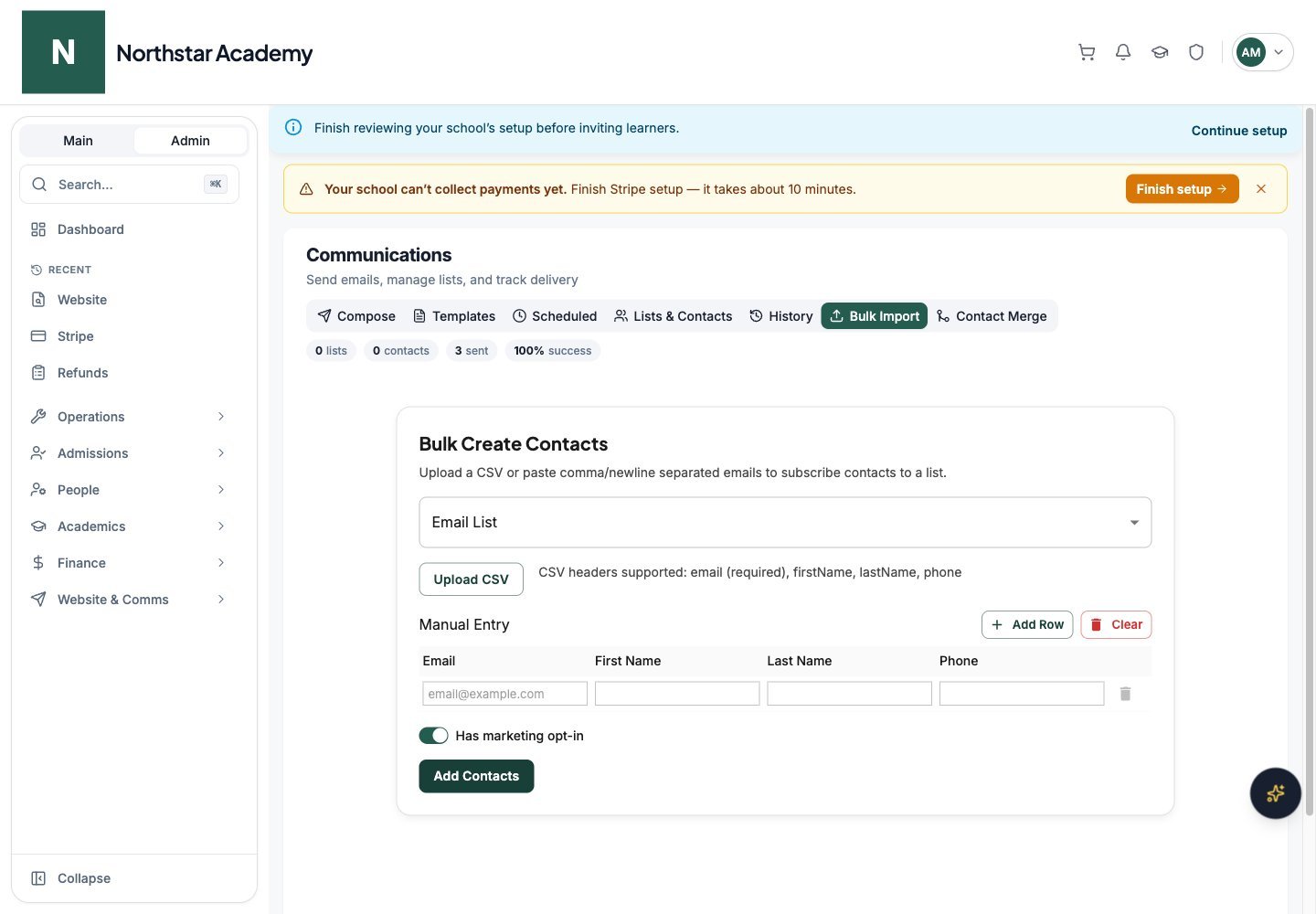 Northstar demo: Communications Dashboard — Bulk Import