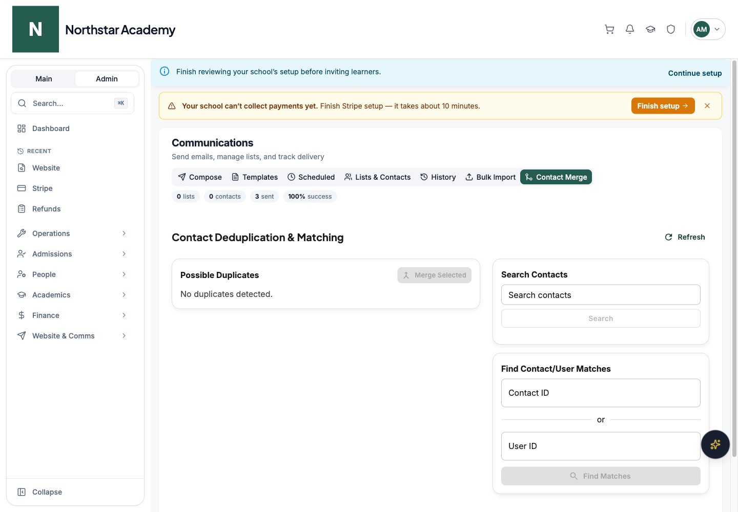 Northstar demo: Communications Dashboard — Contact Merge
