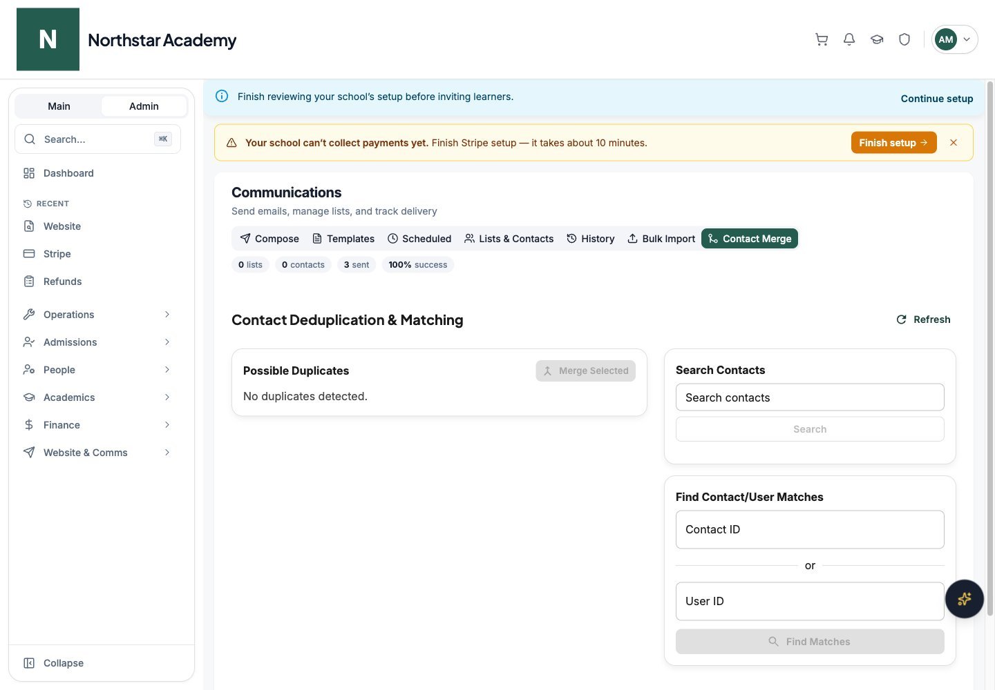 Northstar demo: Communications Dashboard — Contact Merge