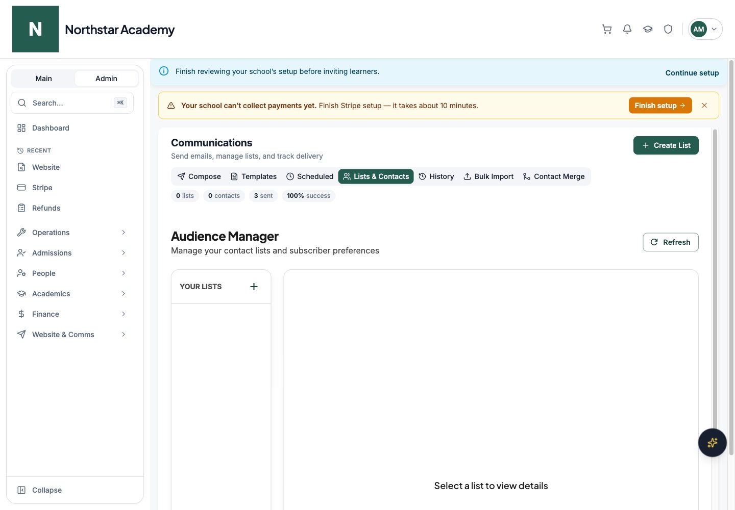 Northstar demo: Communications Dashboard — Lists & Contacts