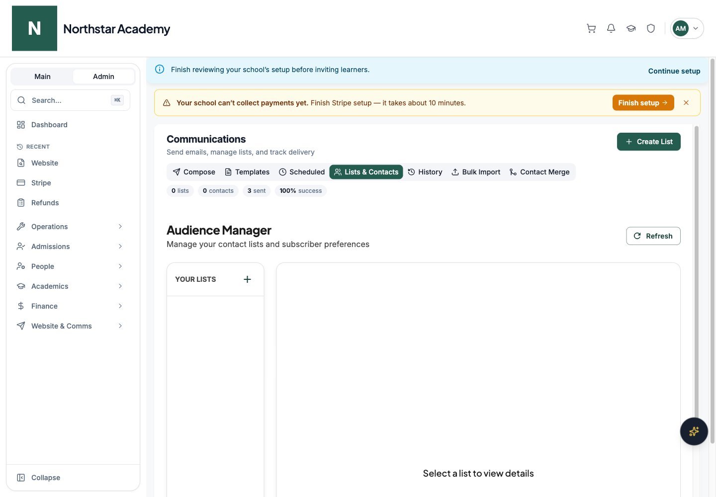 Northstar demo: Communications Dashboard — Lists & Contacts